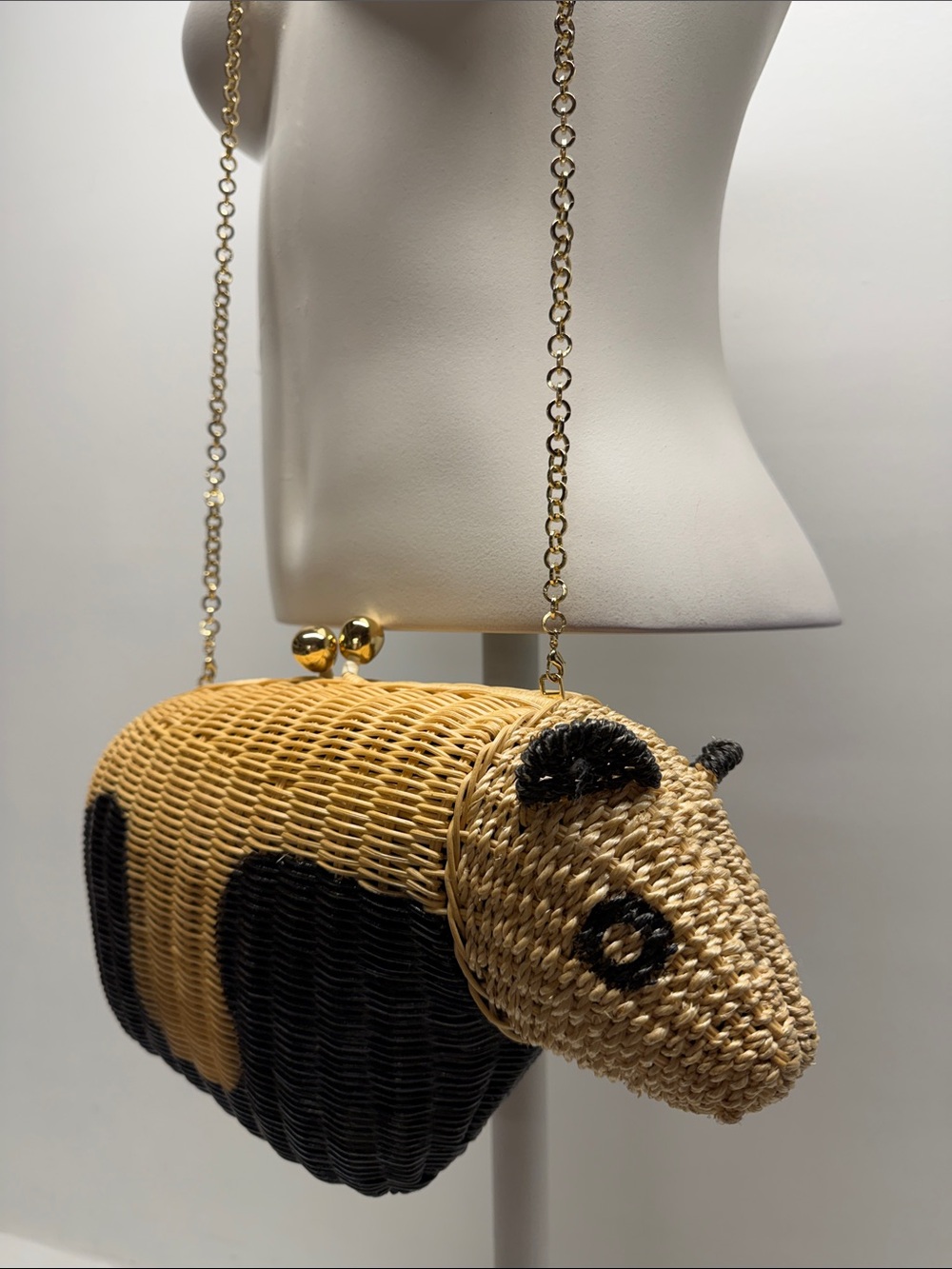 Serpui Wicker Panda Animal Bag Shoulder Purse Chain Strap or Clutch Tan Black - Picture 8 of 11